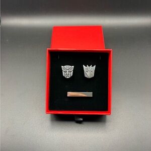 Transformers Autobot Decepticon Cufflinks w Silver Tie Bar Set Geek Gift